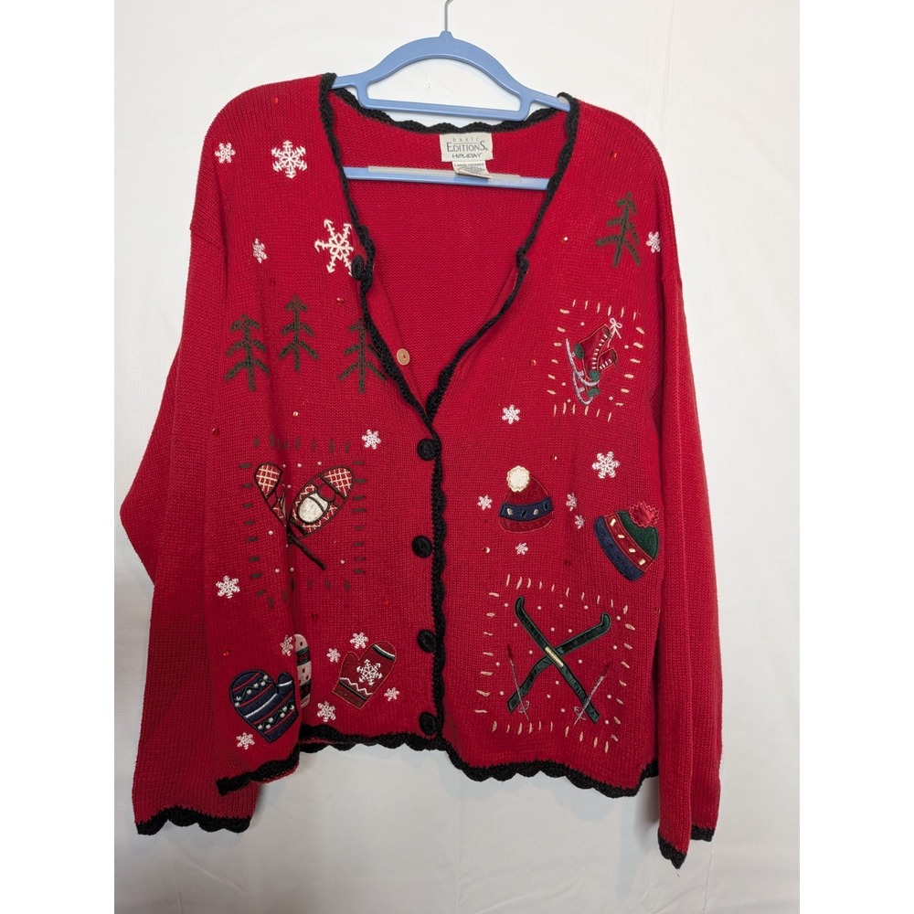Vtg‎ Granny Core Embroidered Cardigan Sweater Size Large Red Winter Chunky Knit